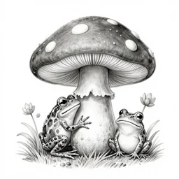 cottagecore frog on a mushroom black and white pencil drawing n 4