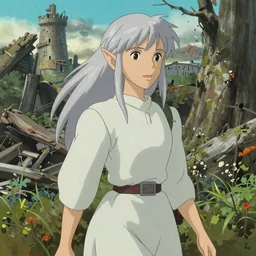Portrait of a silver-haired elf woman strolling through the remains of a city reclaimed by nature, face by Ilya Kuvshinov, highly detailed, cel shading, digital painting, anime key visual, Hayao Miyazaki, Alphonse Mucha