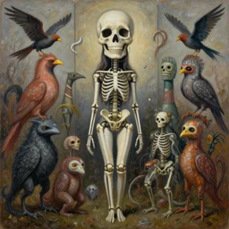 painting of a dead soul tryptic with the strangest beasts and birds and faces all designed to lead up to a beautiful female cyborg skeleton like body standing with a disproportionately sized head grinning detestably