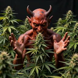 devil spreads his hands against the background of growing cannabis.