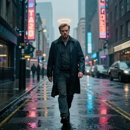 a cinematic photograph of ricky gervais walking through a dystopian city street with a halo around his head, rain falls, neon advertisement light up the street, ultra realistic, high definition