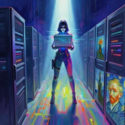 a vision of vast cyberspace, a distant female hacker with a laptop glitching through a vulnerable server, wearing sunglasses, futuristic clothes, vibrant colors, rule of thirds, spotlight, drips of paint, expressive, passionate, by demobaza, by greg rutkowski, by jeremy mann, by francoise nielly, by van gogh, digital painting