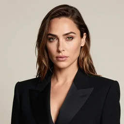 professional head shot photograph of fashion model gal gadot wearing black suit by reza nia, nick knight, amy judd, jil sander minimal romantic heavenly elite style, posed, fluorescent makeup, beautiful, studio, studio lighting, flat natural tones, sharp focus, 8 k, very fine detail, stunning matte painting