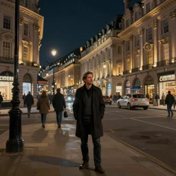 a man standing in the middle of piccadilly circus at night, a photorealistic painting by Gregory Crewdson, cgsociety, american scene painting, playstation 5 screenshot, matte painting, cryengine