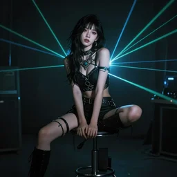 a beautiful girl sitting on a stool in a dark room with laser light, confident posture, cyberpunk, art nouveau, dynamic lighting, high detail, concept art, artstation, by Paolo Eleuteri Serpieri