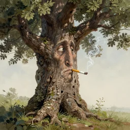 matt painting of an old tree that has facial expressions, smoking a cigarette smoke, in high detail, accurate, fantasy illustration, trending on artstation, by frank robert dixon