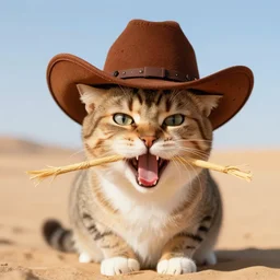 panting of a cat with a cowboy hat and a straw in his mouth, desert background, coherent composition, artstation