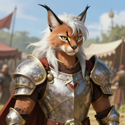 8k Yoshitaka Amano painting of upper body of a young cool looking slim caracal beast-man with white mane wearing complex fantasy armors at a medieval market at windy day. Depth of field. Renaissance style lighting.