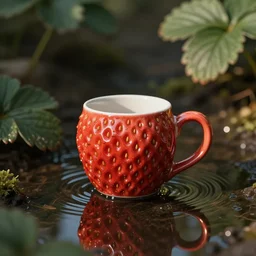 a strawberry shaped mug floating in water