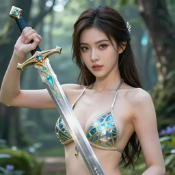 A beautiful female warrior holding an enchated sword wearing a magical bikini in a magical forest, super detailed face, beautiful eyes, fantasy art, shot from the back, in the style of Artgerm, illustration, epic, fantasy, intricate, hyper detailed, artstation, concept art, smooth, sharp focus, vibrant, award winning