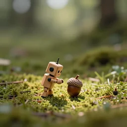 a tiny wooden robot has fallen in love with an acorn, octane, tilt shift