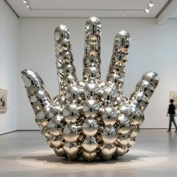 generative design bucky ball structure shaped like a hand in a museum, modern art installation, bioceramic reflelctive material