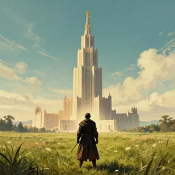 warrior standing before the single magical tall tower fantasy building, grass field, grand landscape building art by donato giancola and greg rutkowski, vintage retro, digital art, trending on artstation, symmetry!!, epic composition