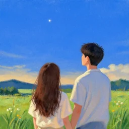 landscape pastel of young man and woman with long brown hair star gazing