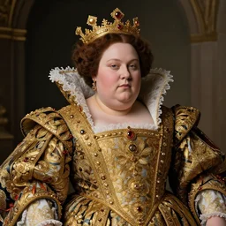 hyper detailed portrait of a chubby queen wearing an intricate brocade dress | leonardo da vinci | d&d | hyperrealistic | golden filigrees |