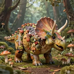 a triceratops made of mushrooms, in the style of Princess Mononoke