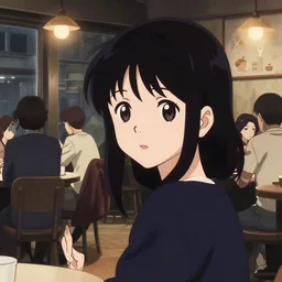 anime frames, anime visual, portrait of a portrait of a young woman visiting a busy cafe interior at night, cute face by ilya kuvshinov and yoh yoshinari, katsura masakazu, mucha, dynamic pose, dynamic perspective, strong silhouette, anime cels, rounded eyes, smooth facial features