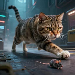 🐱 big cat chases down × live mouse! by mark ryden in cyberpunk environment, 4 k ultra high resolution, horror, long camera shot, foreground focus