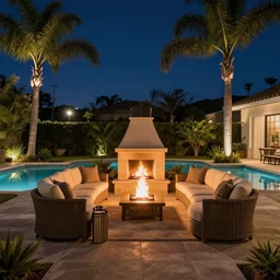 Backyard with a pool, palm trees and patio with a fireplace in the middle of the sofas, big beautiful street lamps, Night Time