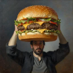 atlas carrying a cheeseburger, oil painting by goya