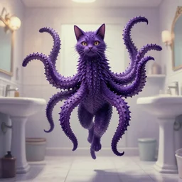 style of steve niles and dean cornwell, conrad roset, purple color theme, cat has spiny ridges tentacles, multiple tails is floating above ground, in bathroom