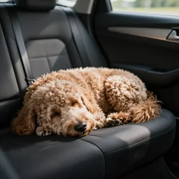 a photo of a goldendoodle sleeping on the backseat of a car