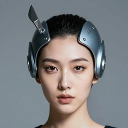 hyper detailed head shot portrait flash photograph of a woman wearing futuristic head fashion