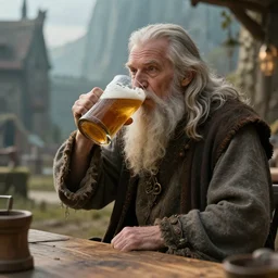 old sage wizard drink beer from wooden cup in fantasy tavern, beautiful texture, beautiful graphics, fantasy artwork, very beautiful scenery, hd, hdr, ue 5, ue 6, unreal engine 5, cinematic 4 k wallpaper, 8 k, ultra detailed
