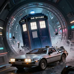 the Tardis from Dr.Who crashing in the DeLorean from back to the future in a time tunnel 8k hyperdetailed photorealism