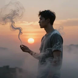 side view of a man made of swirling smoke and tendrils of fog, sunset colors, cinematic, highly detailed, digital painting, artstation, concept art, smooth, sharp focus, illustration