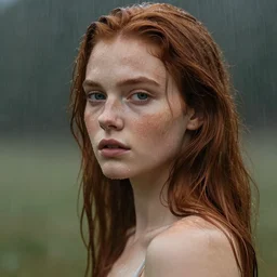 portrait of an ethereal ginger beauty in the rain, wet freckles, by mary jane ansell
