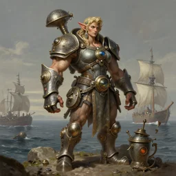 charming muscular gnome engineer, full body portrait, metal gadgets, female, naval landscape, d & d, fantasy, intricate, elegant, highly detailed, digital painting, artstation, octane render, concept art, matte, sharp focus, illustration, herrarthstone, art by artgerm and greg rutkowski and alphonse mucha