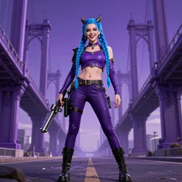 close portrait insane pretty girl, evil, 2 long blue braids, pistol and bazooka, high boots, purple bridges with leggins, purple top, smiling laugh, particles explosion, elegant intricate matte sharp focus 8 k