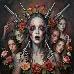 portrait, nightmare anomalies, guns n'roses pistols and flowers by dariusz zawadzki, kenneth blom, mental alchemy, james jean, pablo amaringo, naudline pierre, contemporary art, hyper detailed