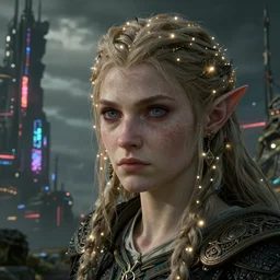 an ultra realistic, cinematic, fantasy, headshot portrait, of an elden ring elf, fairy lights, facial features, overlooking a vast dystopian cityscape, with futuristic buildings and neon signs, detailed, deep focus, movie still, dramatic lighting, ray tracing, by michal karcz and yoshitaka amano