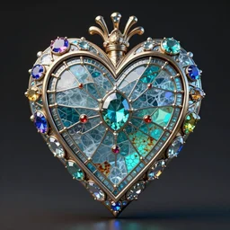 steampunk centered symmetrical heart, shiny multicolores gems, glass, ice. by casey baugh, by rembrandt, mandelbulb 3 d, turquoise rust, stained glass