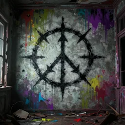 a sigil scribbled on the wall, inside a haunted destroyed house, trending on artstation, 8 k, digital photo, unreal engine, colored paint, colorful paint, scary style