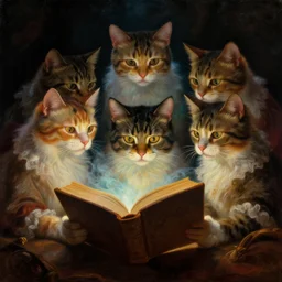a baroque neoclassicist close - up painting of cats reading books. reflective detailed textures. glowing colorful fog, black background. highly detailed fantasy science fiction painting by moebius, norman rockwell, frank frazetta, and syd mead. rich colors, high contrast. artstation