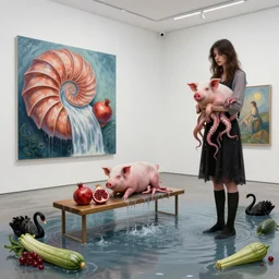 dripping, painting of a flooded modern art gallery and a tall emo girl, art gallery interior, pig, waterfall, bench seat, nautilus, sensual, organic, pomegranates, holding a pig, octopus, zen, black swans, courgettes, berries, 1 6 mm lens, surrealist, by magritte and monet