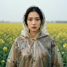 a closeup portrait of a woman wearing a cloak made of plastic and mud, in an infinite landscape of flowers, photograph by caravaggio, canon eos c 3 0 0, ƒ 1. 8, 3 5 mm, 8 k, medium - format print
