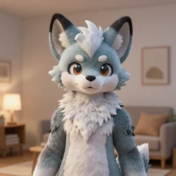 vrchat furry avatar in a softly lit home