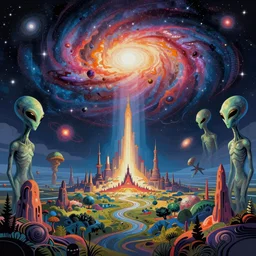 psychedelic optical illusion, enchanted alien world, galaxy in the sky, aliens, bright colors, wide angle shot, vector art, illustration by frank frazetta and salvador dali