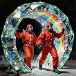two scientists wearing futuristic red hazmat suits entering geometric rainbow crystal portal by frank frazetta