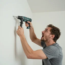 a screaming man is tormented by the sound of another man drilling in the wall