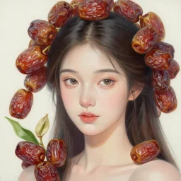 epic painting, portrait of beautiful goddess with with sweet dried dates fruits, medjool dates, dried dates around head,, green tea leaves background, golden glow background, drawing, photography by amy leibowitz, wlop, jeremy lipkin, beeple, intricate golden fractals, brown hair, symmetrical front portrait, artgerm