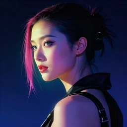 cyberpunk goddess, side portrait, striking, defiant, spotlight, vibrant colors, beautiful eyes, by marco paludet and gianni strino and marion bolognesi