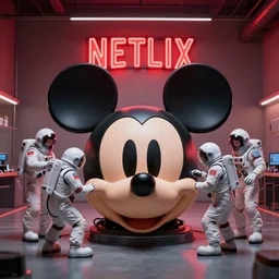 7 stressed futuristic car mechanics wearing astronaut helmets, operating on a huge mickey mouse doll head in the center of the room! red netflix neon office sign in background, beeple!!, minimal, movie still in in private car garage, dystopian