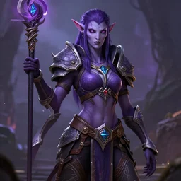 a beautiful and strong purple female warrior night elf, world of warcraft, by boris valejo and frank franzetta