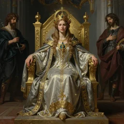 Realistic painting of beautiful high cosmic magic fantasy priestess woman in detailed ornate costume, sitting on a throne in a throne room in a palace dramatic lighting, high-detailed oil painting by Ilya Repin, William Blake, Michelangelo da Caravaggio, Alex Grey and Beksinski, masterpiece, 4k