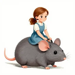 emma watson riding a giant mouse, illustration by beatrix potter